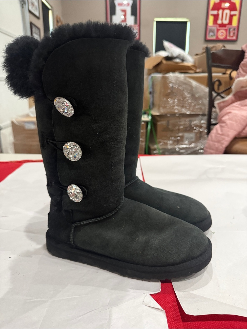 UGG triple bling Black Tall Shearling Boots with Crystal Buttons
